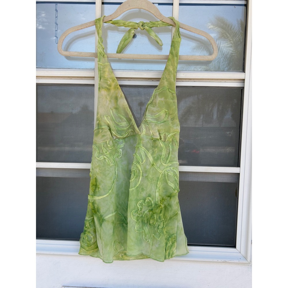 Glam Green Tie Dye Halter Top Ribbon Applique Y2K Boho Fairycore Medium